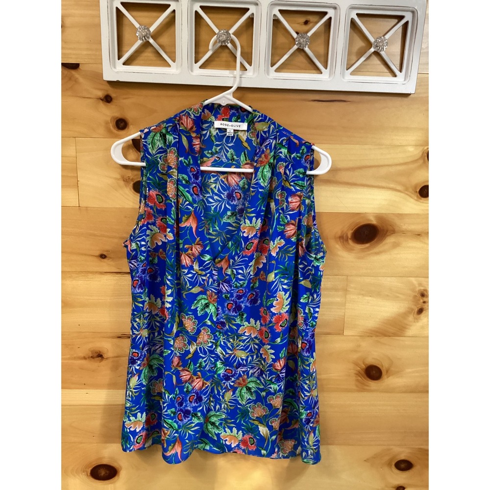 Rose + Olive Women Blue Floral Sleeveless Blouse V-Neck Tropical Top Large